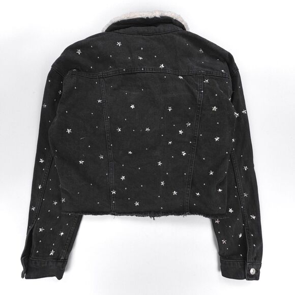 TOPSHOP Star Stud Denim Borg Jacket Fur Collar 90s Y2k Grunge Streetwear Indie - Picture 6 of 7
